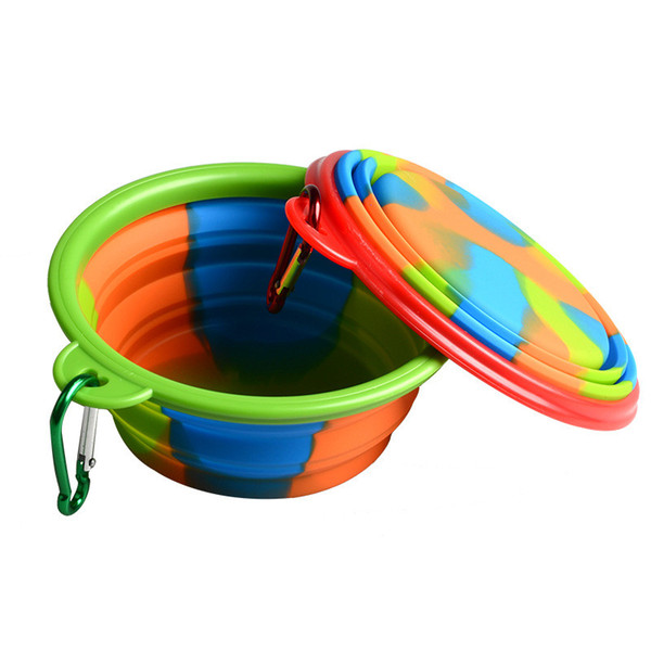 Collapsible Puppy Feeding Bowl Travel Foldable Pet Dog Cat Water Dish Feeder Portable Silicone Rainbow Food Bowl with Carabiner Camo C71902