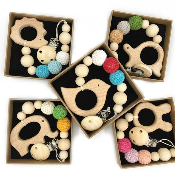 Wood dummy clip Beech Animal cartoon Pendant pacifier holder Newborn baby Dummy clips Wooden teether Pacifier Clip Teething Toy