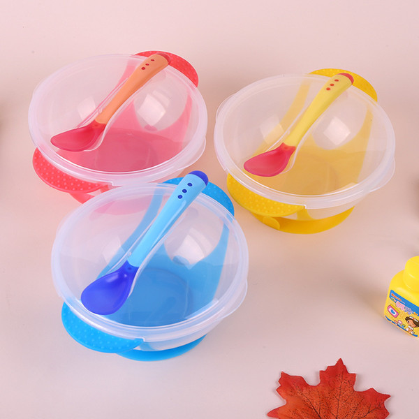 2020 new baby transparent suction cup bowl with temperature spoon baby training bowl set spoon