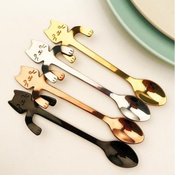 Hot Cute Cartoon Cat Stainless Steel Tea Coffee Kids Feeding Spoon Ice Cream Tableware Baby Xmas Gift