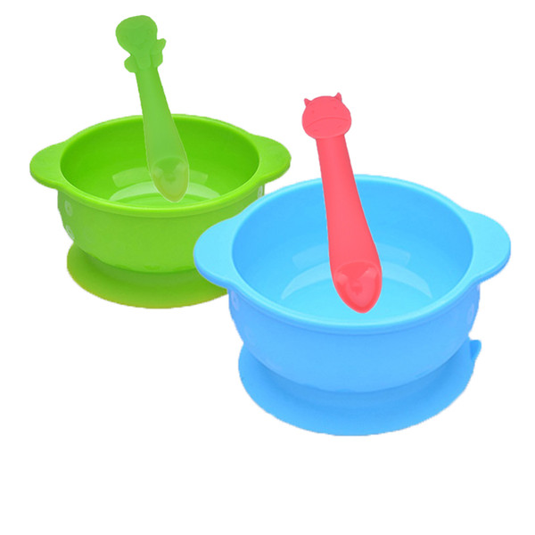 Baby Solid Feeding Sucker Bowl spoon 2pcs/set,Children's Silicone Food Grade Dishes Utensils Tableware,Anti-drop Collision