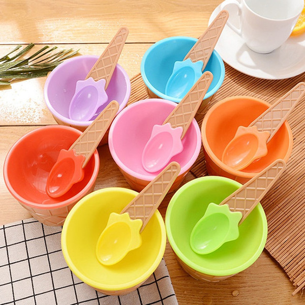 Cute Plastic Ice Cream Bowl With Spoon Eco-Friendly Dessert Colorful tart Bowls Container Set Ice Cream Cup Children Tableware IC552