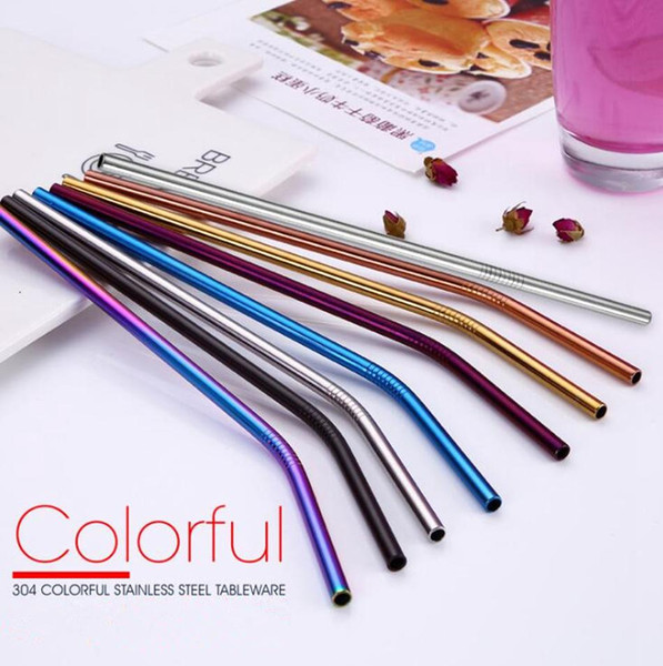 Colorful Stainless Steel Drinking Straw 21.5cm Straight Bend Reusable Straws Baby Feeding Juice Party Bar Accessorie