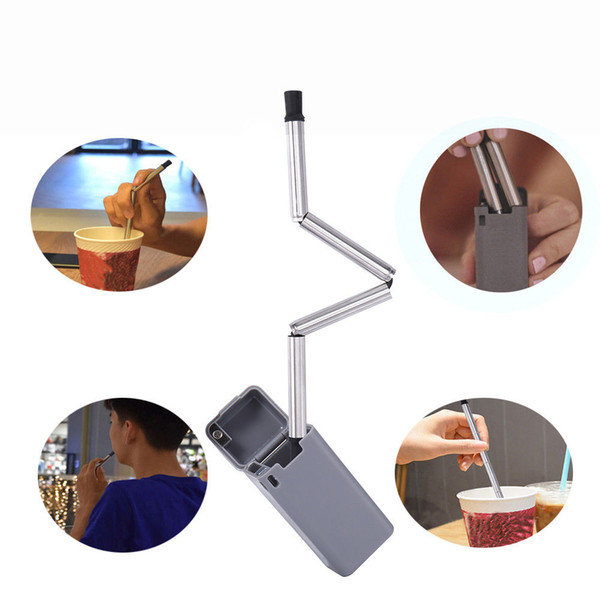 Stainless Steel Silicone Folding Drinking Straw Reusable Metal Straw with Portable Storage Case Free Shipping