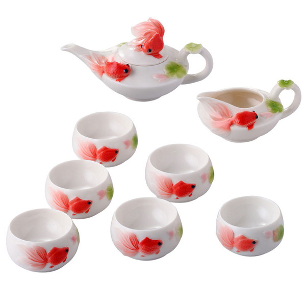 Chinese classic enamel porcelain tea sets ceramic mugs minimalist red cup coffee pot package of six goldfish