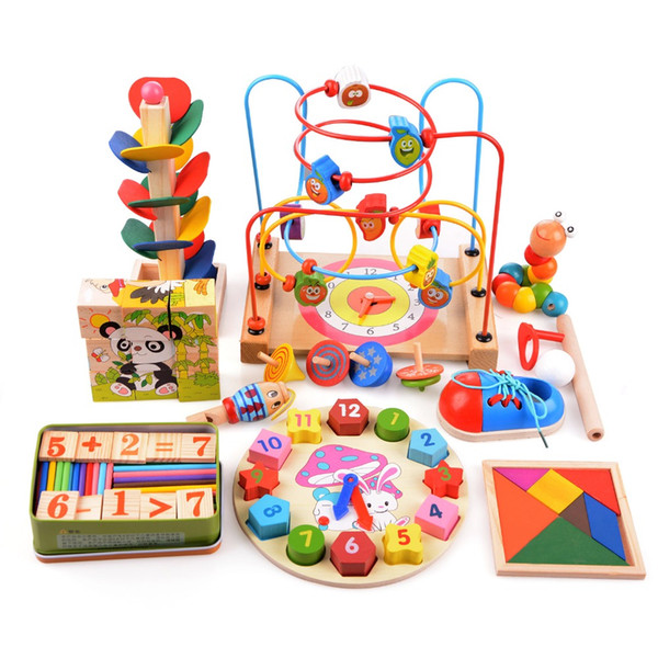 14pcs/set Wooden Counting Three-Dimensional Jigsaw Round Circles Bead Wire Maze Roller Coaster Toy Child Baby Early Educational Toys