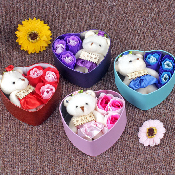 3pcs/set Scented Soap Rose Flowers With 1 Cute Bear Perfumed Iron Box Valentiners Wedding Party Decoration Gifts Bath Body Soaps