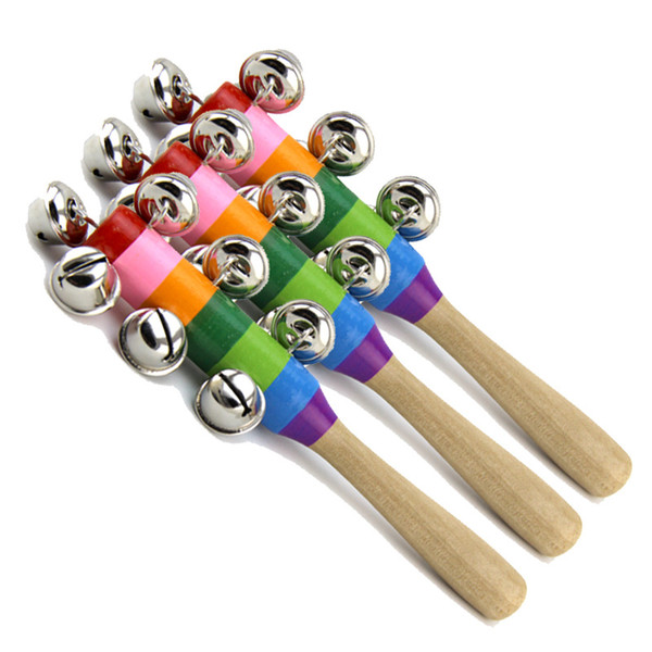 2017 19cm Cartoon Baby Rattle Rainbow Rattles with Bell Wooden Toys Orff Instruments Educational Toy Baby Toy