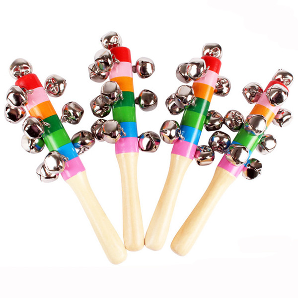 Wooden Stick New style Jingle Bells Rainbow Hand Shake Sound Bell Rattles Baby Educational Toy 18cm C1939