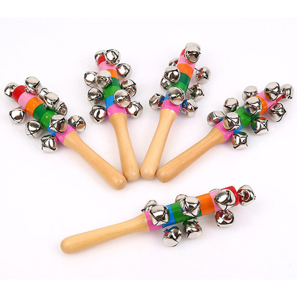 Wooden Stick New style Jingle Bells Rainbow Hand Shake Sound Bell Rattles Baby Educational Toy 18cm C4203