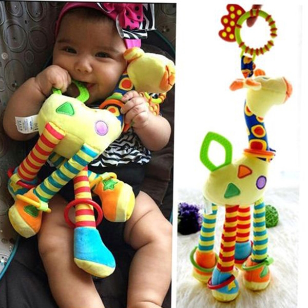 Plush Infant Baby Development Soft Giraffe Animal Handbells Rattles Handle Toys Hot Selling With Teether Baby Toy Learning