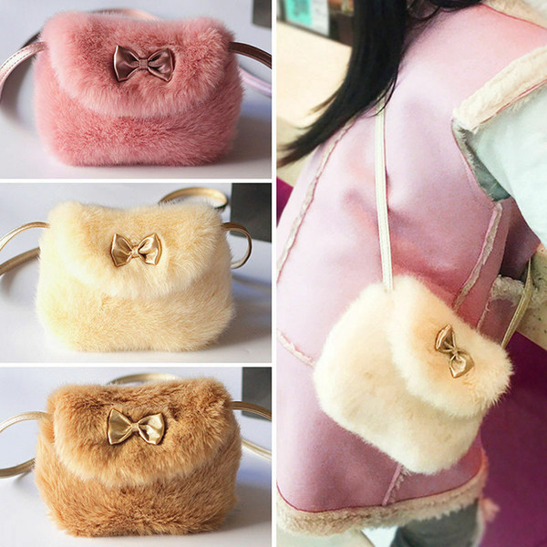 New Girls Kids Purse Bowknot Mini Fur Toys Plush Bag Handbags Cute Girls School Handbag