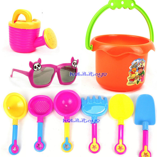 Wholesale- 9Pcs Kids Beach Sand Play Tools Barrel and Shower Set with Cure Sunglasses Safe Plastic Children Water Play Toys Free Shipping