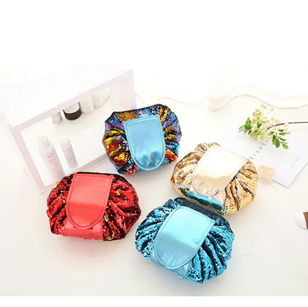 Mermaid sequins Cosmetic Bag Professional Drawstring Makeup Case Women Travel Make Up TOY Organizer Storage Pouch Toiletry Wash Kit LE186