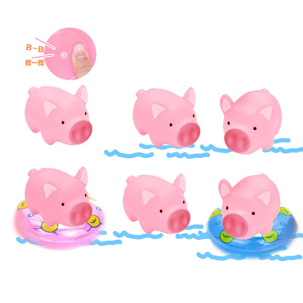 Cartoon Animals Swimming Water Soft Floating Rubber Pink Pigs Squeeze Sound Squeaky Bathing Toy with Swim Ring Toys For Baby Bath