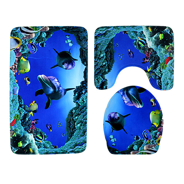 High Quality 3pcs/set Bathroom Non-Slip Ocean Style Pedestal Rug+Lid Toilet Cover+Bath Mat Blue Bathroom Decoration Gifts 62 styles C2266