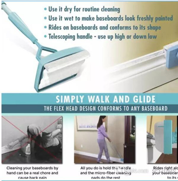 Baseboard Buddy Cleaning Mop Blue Plastic Steel white Mop Simply Walk &Glide Extendable Microfiber Dust Brush Kids bath items
