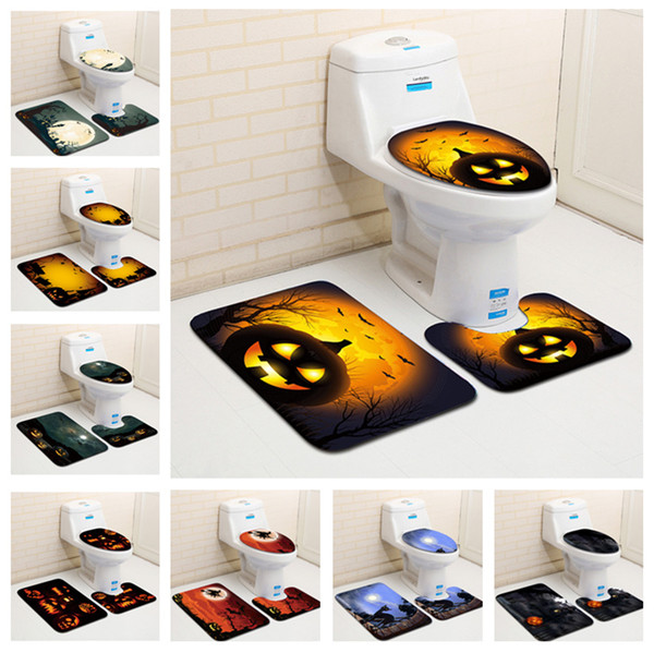 Halloween Pumpkin Printed Bathroom Mat Set Polyester Floor Rugs Cushion Toilet Seat Cover Bath Mat for Home Decoration LE71
