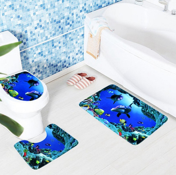High Quality 3pcs/set Bathroom Non-Slip Ocean Style Pedestal Rug + Lid Toilet Cover + Bath Mat Blue Bathroom Decoration Gifts