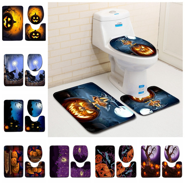 50 colors Halloween Pumpkin Toilet Mat 3Pcs/ Set Bathroom Carpet Toilet Lid Cover Toilet Seat Cover Rugs Non-slip Bath mats MMA500 50lot