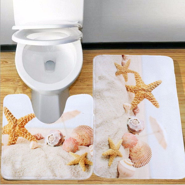 2 Piece Bathroom Star fish And Beach Shells Bath Mat Contour Slip Carpet Pedestal Rug Non-Slip Bath Toilet Mat