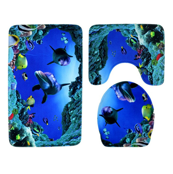 High Quality 3pcs/set Bathroom Non-Slip Ocean Style Pedestal Rug + Lid Toilet Cover + Bath Mat Blue Bathroom Decoration Gifts 37 styles
