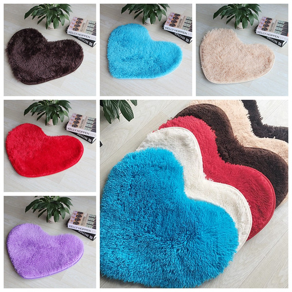 Wholesale-50*60cm Plush Soft Shaggy Non Slip Absorbent Bath Mat Bathroom Shower Rugs Carpet Heart Shape Mats