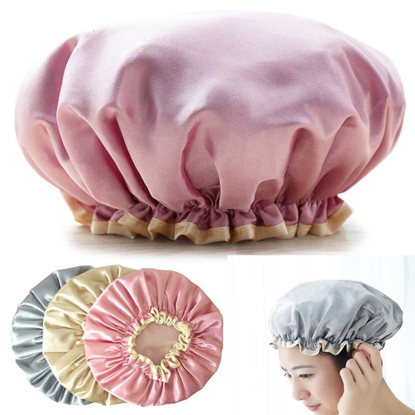 New Double Waterproof Shower Cap Cosmetic Care Caps Elastic Head Band Hat for Bathroom Supplies SH190912