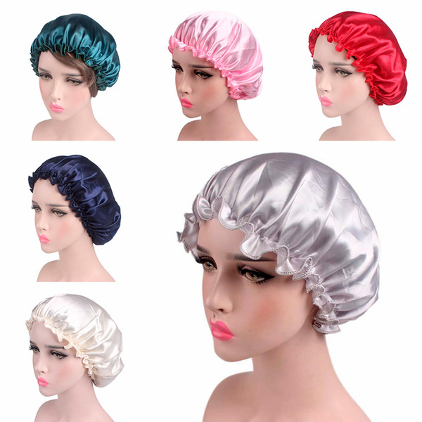 Women Sleep Cap Satin Night Bonnet Head Cover Beanie Hat Hair Beauty Elastic Bath Caps New 10colors RRA2267