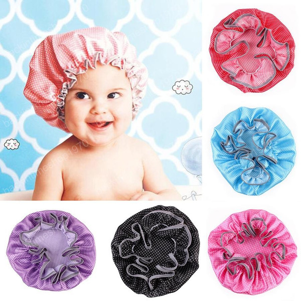 Baby Bath Shower Caps newborn Double Layer Waterproof Ear Protection Dot print Shower hats Satin Plastic Bathing Caps 6 colors C