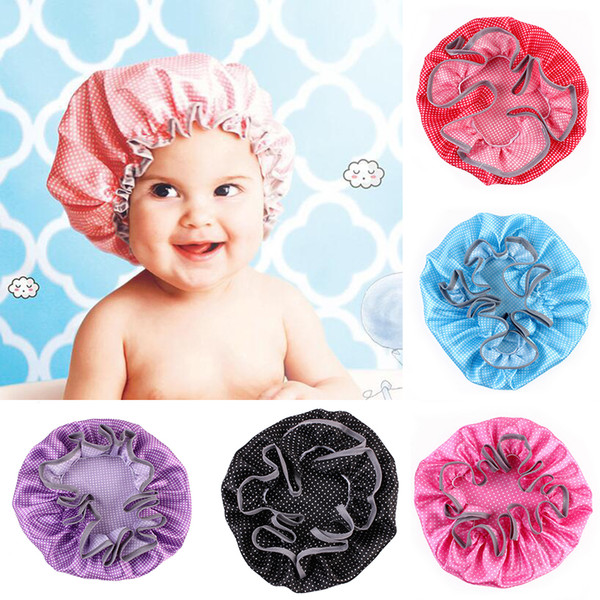 Baby Bath Shower Caps newborn Double Layer Waterproof Ear Protection Dot print Shower hats Satin Plastic Bathing Caps 6 colors C2080