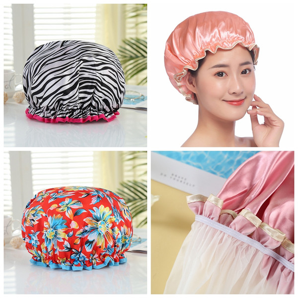 Adult double layer waterproof shower cap kitchen make-up oil smoke proof head cover 31 designs satin bathing caps