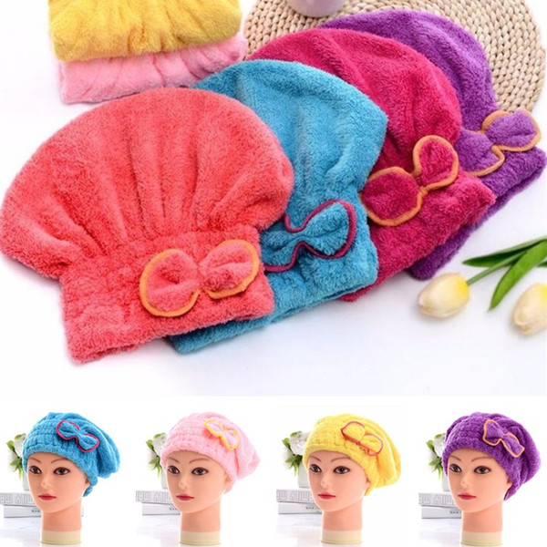 Hot New Cute Bowknot Coral Velvet Bathing Cap Dry Hair Cap Thickening Wiping Hair Water Uptake Fast Drying Hat T7G003