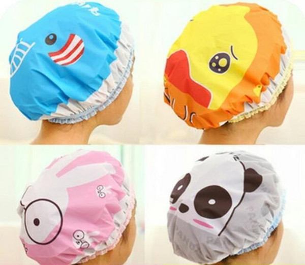 Cute Cartoon Shower Bath Cap Lace Elastic Band Kids Hair Protective Hat Mix Wholesale