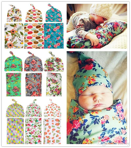 Newborn Baby Swaddle Wrap Blanket Hat set Baby Floral Swaddle Knot Caps Baby Cotton wrap cloth Kids flower print Swaddling Robes BHBZ02