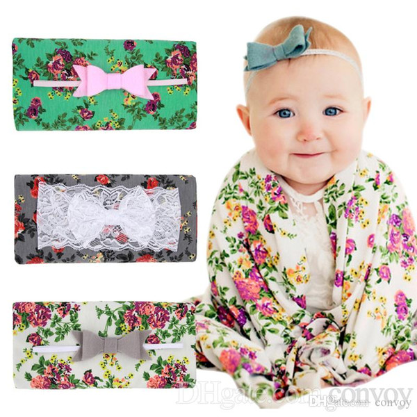 Newborn Baby Swaddling Blankets Lace Bow Headbands Set Baby Floral Pattern Swaddle Wrap Blanket Hairbands Baby Cotton wrap cloth BHB07
