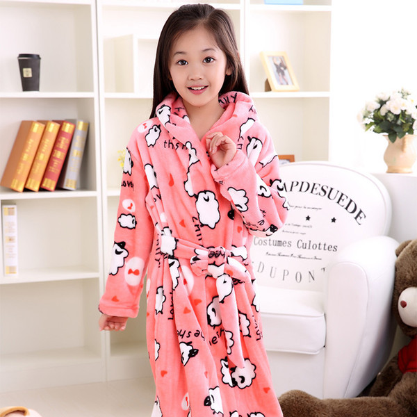 Thicken Big Girls Cartoon Lengthened Children'S Bathrobes Printing Animal Winter Flannel Robes Girls Sleepwear Kids Bathrobe LY191220