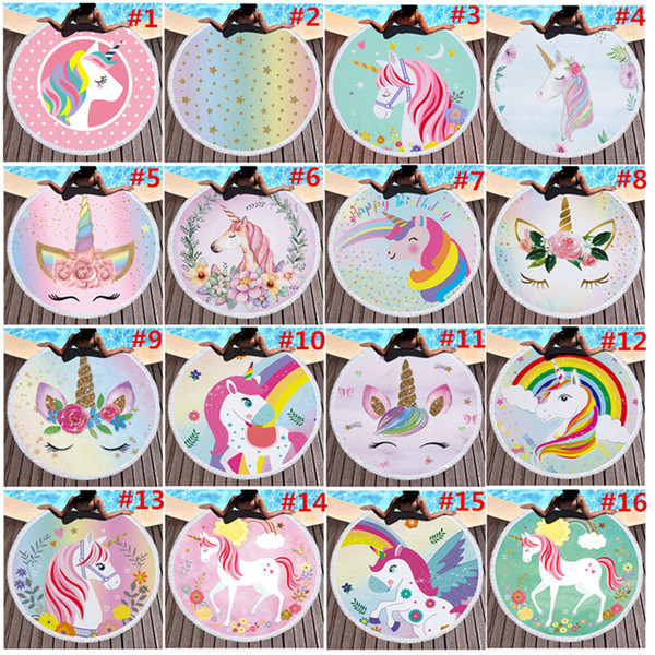 Unicorn Beach Towel 150*150cm Round Beach Towels with Tassel Superfine Fiber Swimming Bath Towel Cartoon Shawl Yoga Mat Blanket 16 Colors