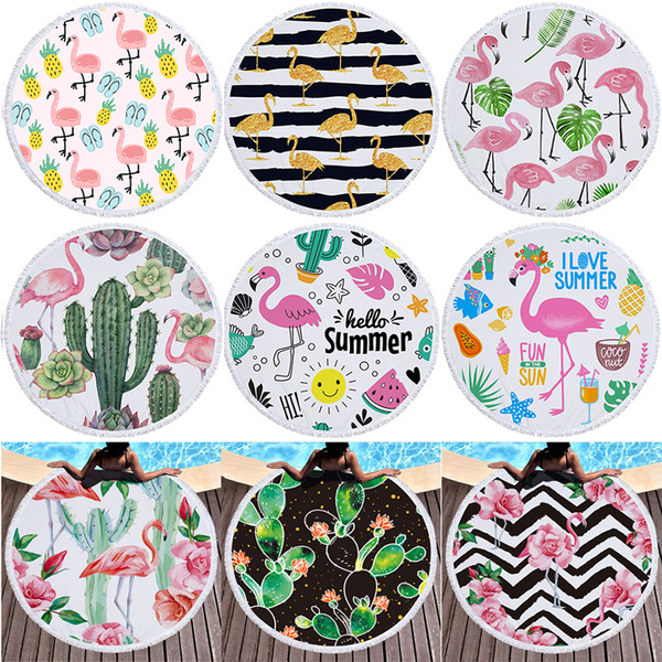 Flamingo Beach Towel Tassels Round Beach Towels Polyester Picnic Rug Women Bikini Cover Up Yoga Mat Tablecloth Pineapple 23 Designs Z0010