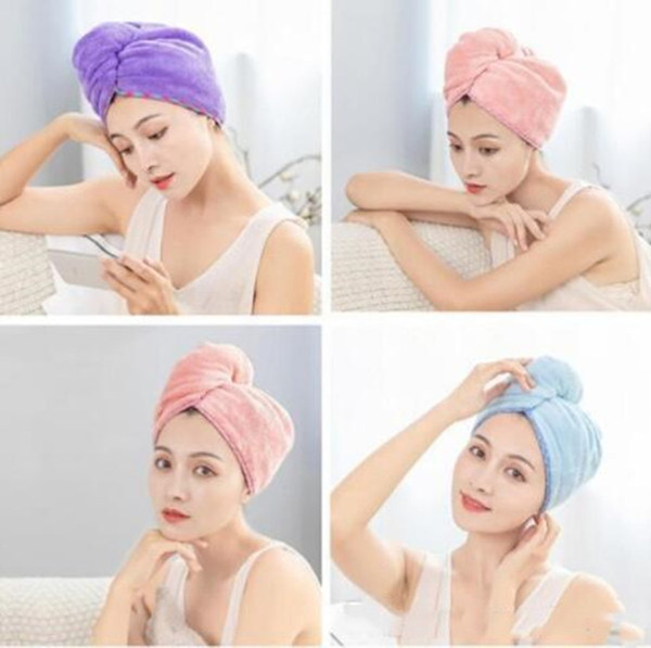 Quickly Dry Hair Towel Pure Color Lady Hair Wrap Cap with Button Tx4h4hickened Coral fleece Fashion Dry Hair Cap WY433Q-1