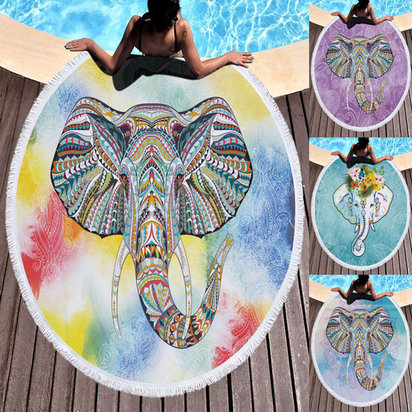Bohemian Elephant Round Beach Towel Boho Indian Tassel Tapestry Floral Yoga Mat Lotus Flower Toalla Blanket ELE211