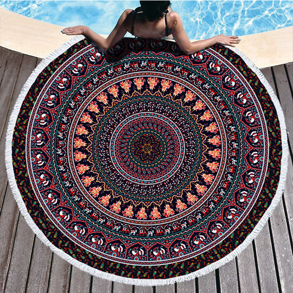 150*150cm Indian Mandala Beach Side Carpet Towel Round Beach Blanket Polyester Elephant Printing Tapestry Yoga Mat Summer Picnic Rug 8 colo