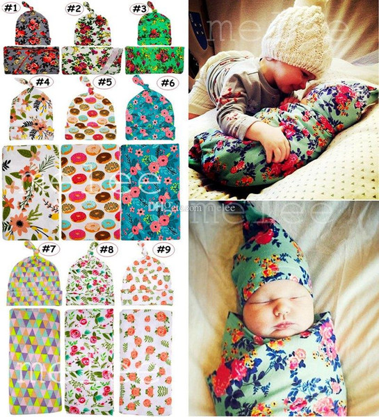 INS Infant Swaddle Blanket Knot Hat 2pcs Set Newborn practical Shower Gift flower print wrapped Beanie Photography props Robes 23Styles