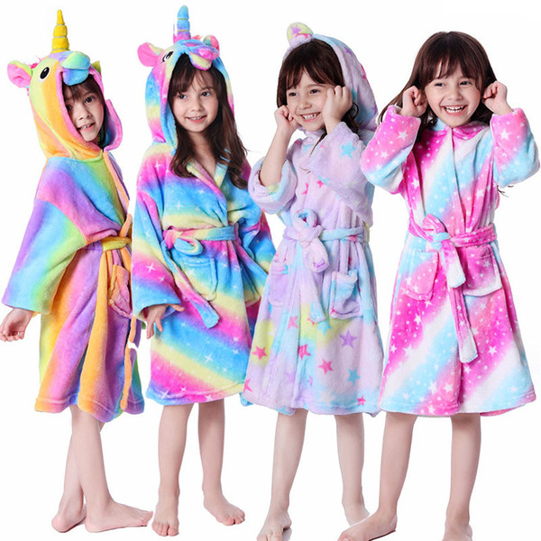 Kids Soft Girl Unicorn Robe Rainbow Hooded Flannel Bathrobe Sleepwear for Unicorn Party