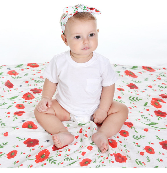 Newborn Baby Swaddling Blankets + Bunny Ear Headbands Set Baby Floral Swaddle 100% Cotton Towel Wrap Hairbands Bird FlowerlPrint BHB21
