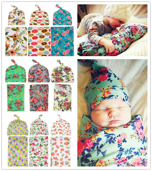 Newborn Baby Swaddle Wrap Blanket Hat set Baby Floral Swaddle Knot Caps Baby Cotton wrap cloth Kids flower print Swaddling Robes BHBZ02
