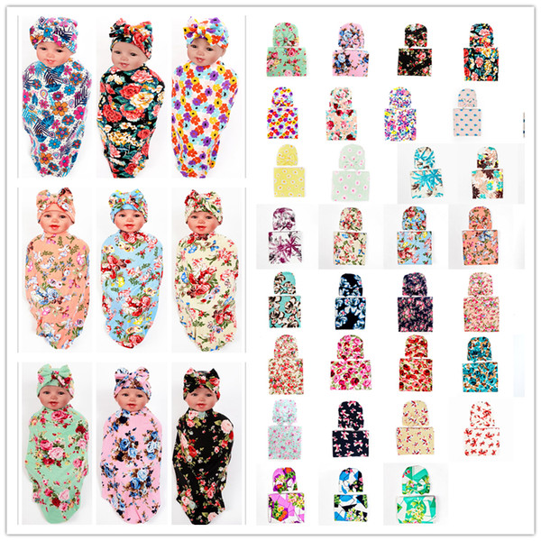 Free DHL Newborn Baby Swaddle Blanket with Bow Hat Cap Girls Infant flower print Swaddling Robes Soft Cotton Wrap Cloth 38 Colors BHBZ03