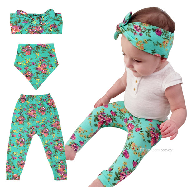 Ins hot Baby Toddlers Trousers floral Boys girls hat bib headbands set kids pants Flower Printed Cotton Underpants Bunny ear hairband KTS10