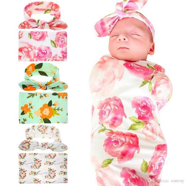 Newborn Baby Swaddling Blankets with Bunny Ear Headbands Baby Floral Swaddle Wrap Blanket Hairbands Baby Cotton wrap cloth Set BHB11