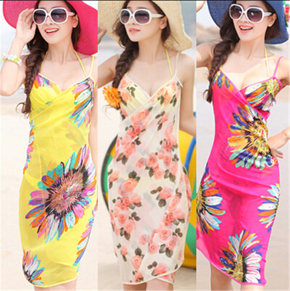 New Women Beach Dress Sexy Sling Beach Wear Dress Sarong Bikini Cover-ups Wrap Pareo Skirts Sunscreen Towel Open-Back Swimwear b1385